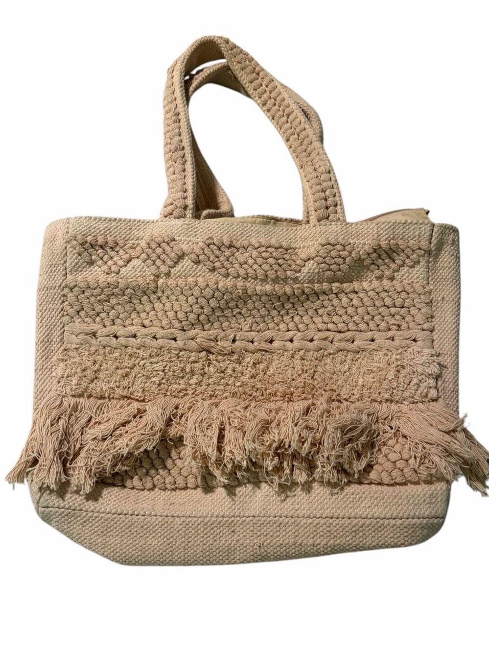 SHIRALEAH Beige Boho Fringe Textured Canvas Tote Bag
